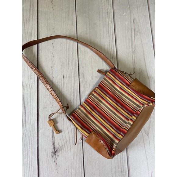 Fossil Handbags - FOSSIL canvas & leather purse handbag brown orange red stripe